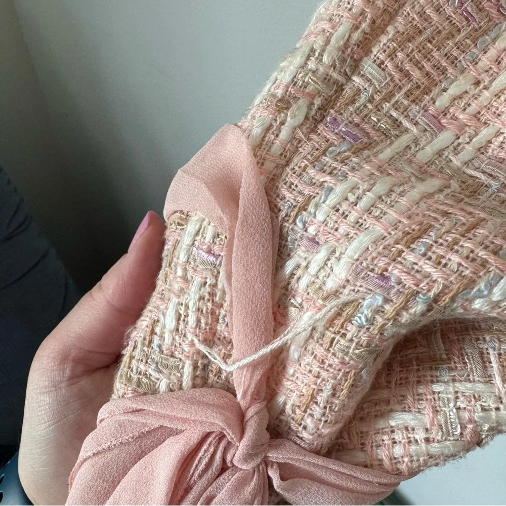 Vintage Albert Nipon Coral Pink Tweed Jacket Size 8 Wool Silk Accents Floral Pin - Picture 7 of 16